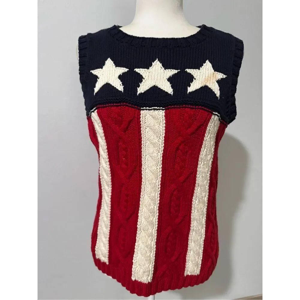 Tommy Hilfiger VTG hand knit red white blue USA star sweater vest XL